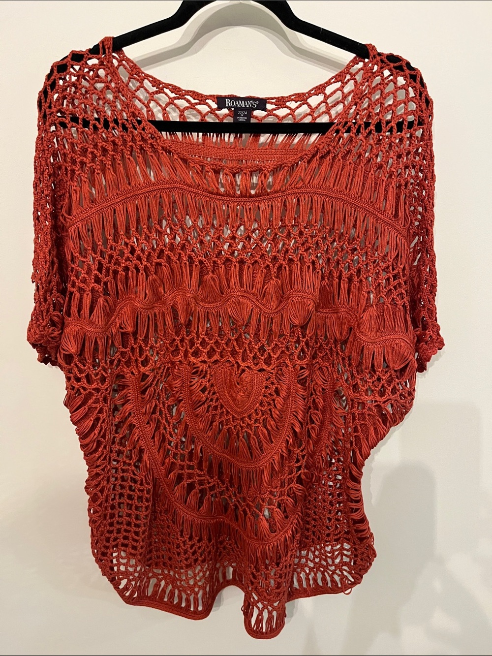 Roaman's Rust Red Crochet Short Sleeve Tunic